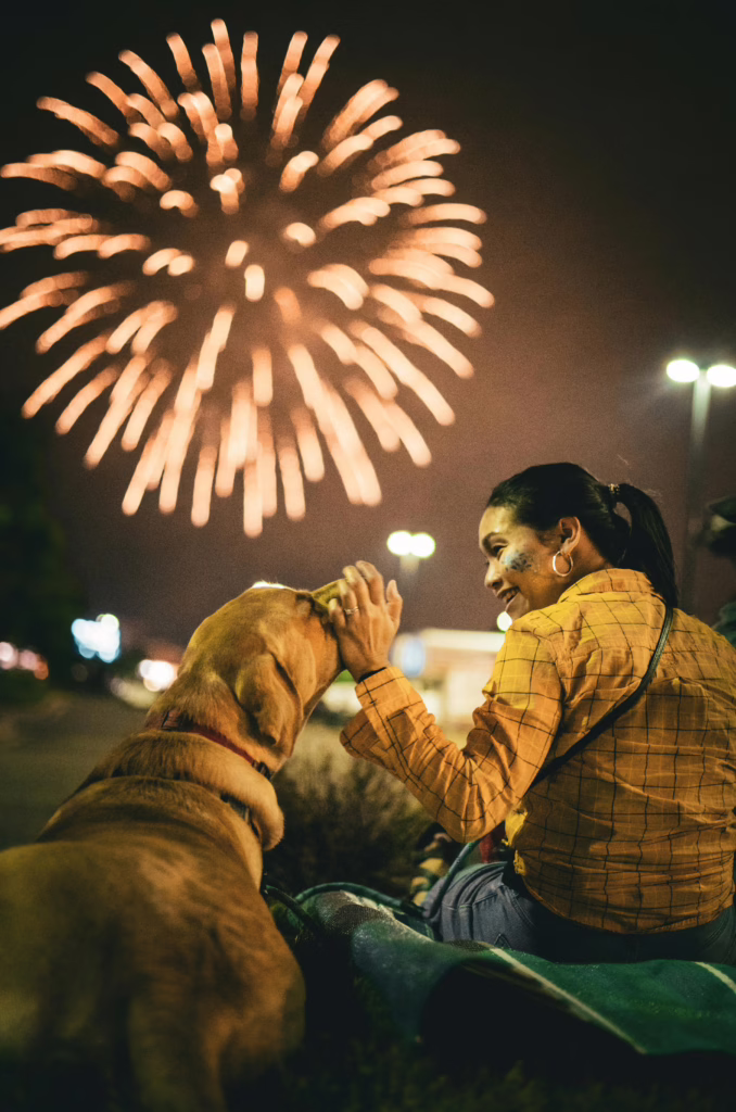 A woman sitting outdoors with her dog, enjoying a vibrant fireworks display at night.